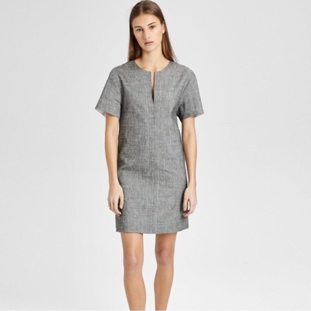 Theory Linen Slit Front Shift Dress Gray Sharkskin Crunch Career Minimalist
